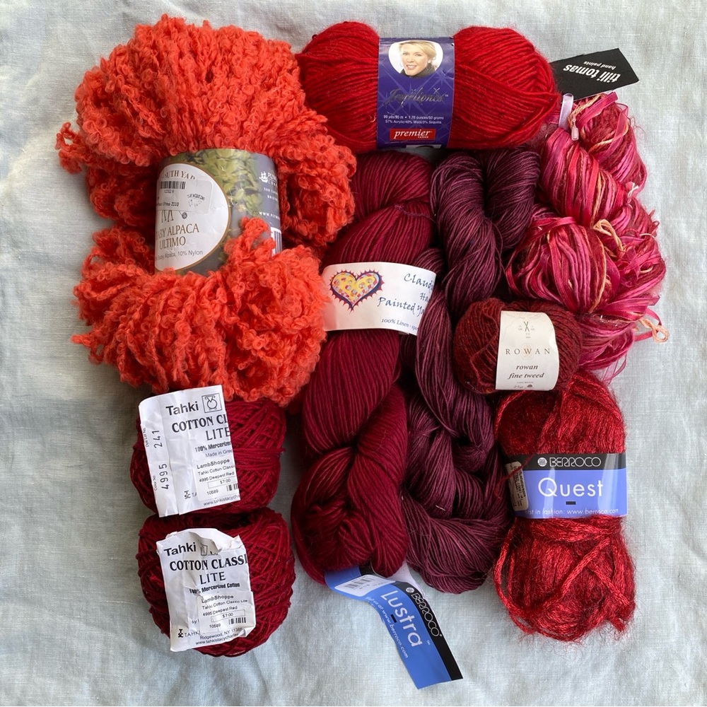 Lot of 9 red yarn skeins cotton wool tweed metallic linen balpaca silk Berroco